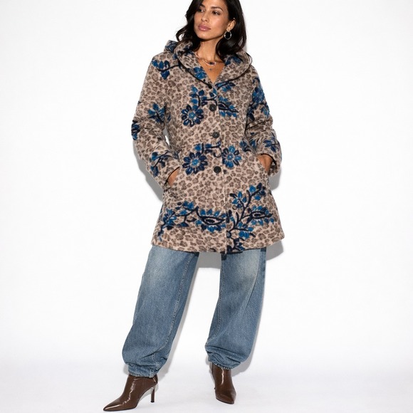 Charlotte & Louis Jackets & Blazers - Charlotte & Louis Wool Blend Sweater Coat Women XL Gray Blue Animal Print Floral